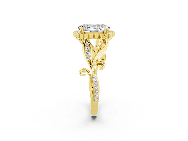 Yellow gold Oval Cut Moissanite Halo Ring with Vintage Split Shank and Four-Prong Setting