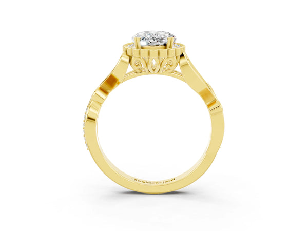 Yellow gold Oval Cut Moissanite Halo Ring with Vintage Split Shank and Four-Prong Setting