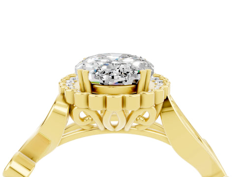 Yellow gold Oval Cut Moissanite Halo Ring with Vintage Split Shank and Four-Prong Setting_4
