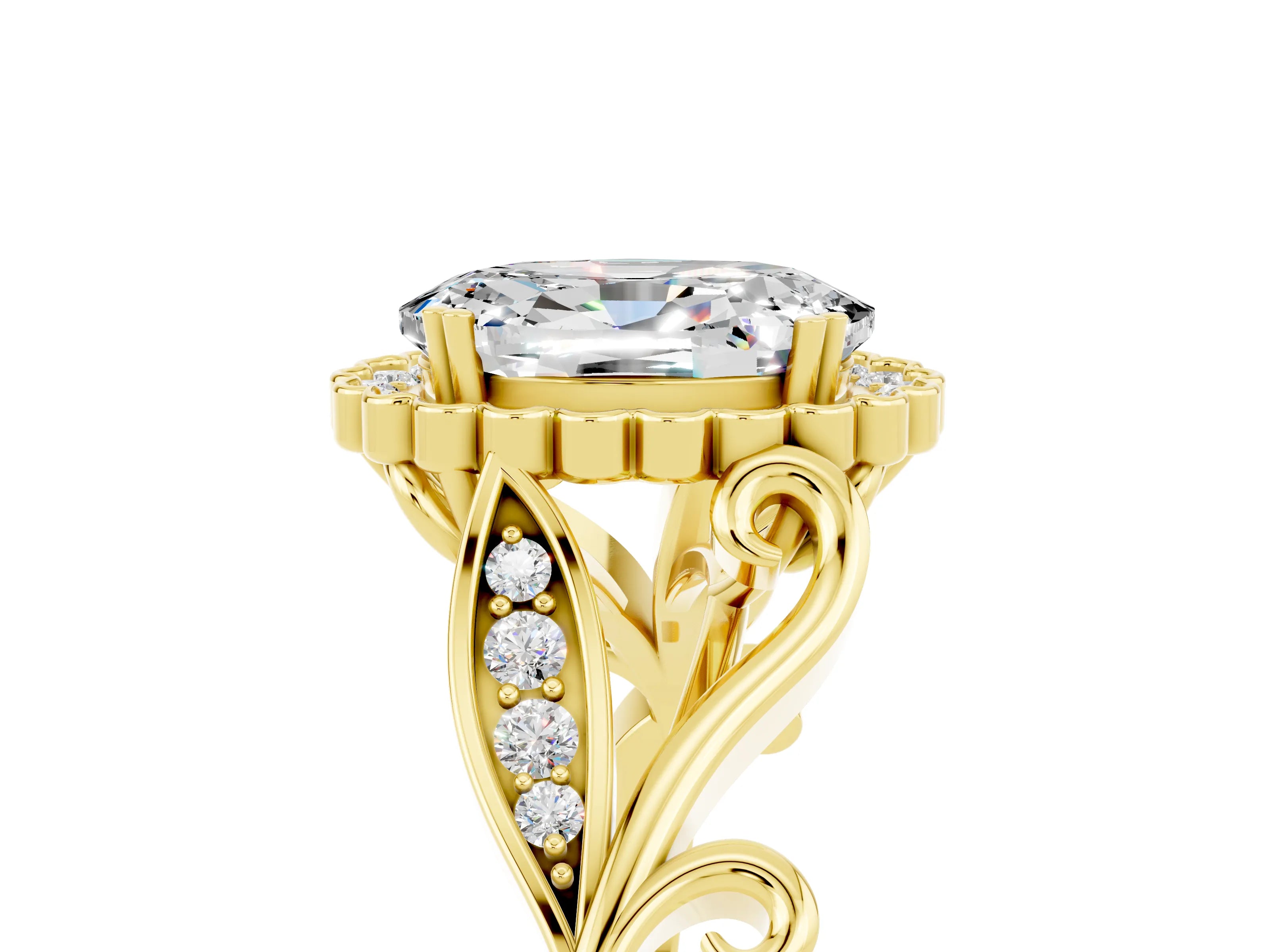 Yellow gold Oval Cut Moissanite Halo Ring with Vintage Split Shank and Four-Prong Setting_5
