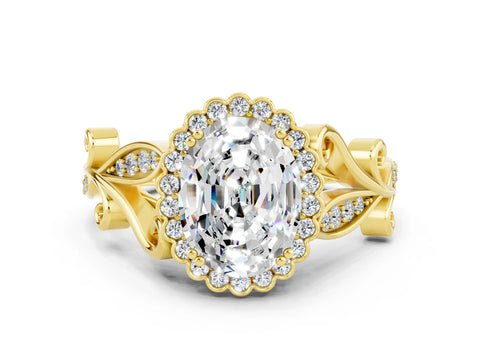 Yellow gold Oval Cut Moissanite Halo Ring with Vintage Split Shank and Four-Prong Setting