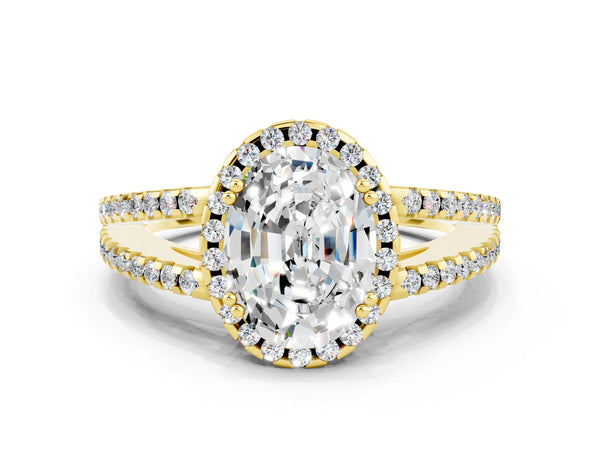 Yellow gold Oval Cut Moissanite Halo Split Shank Engagement Ring