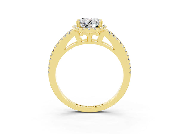 Yellow gold Oval Cut Moissanite Halo Split Shank Engagement Ring