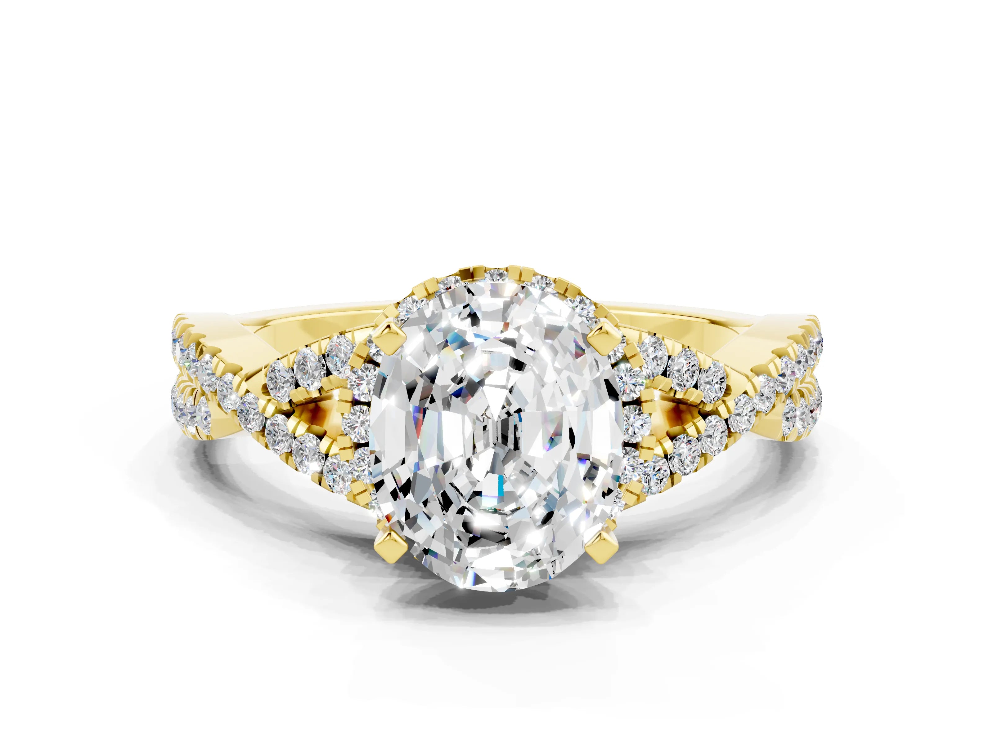 Yellow gold Oval Cut Moissanite Halo Twist Band Solitaire Prong Setting Ring
