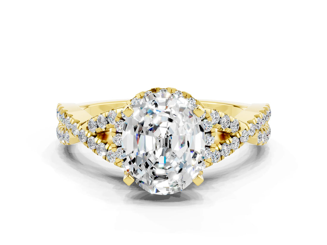 Yellow gold Oval Cut Moissanite Halo Twist Band Solitaire Prong Setting Ring