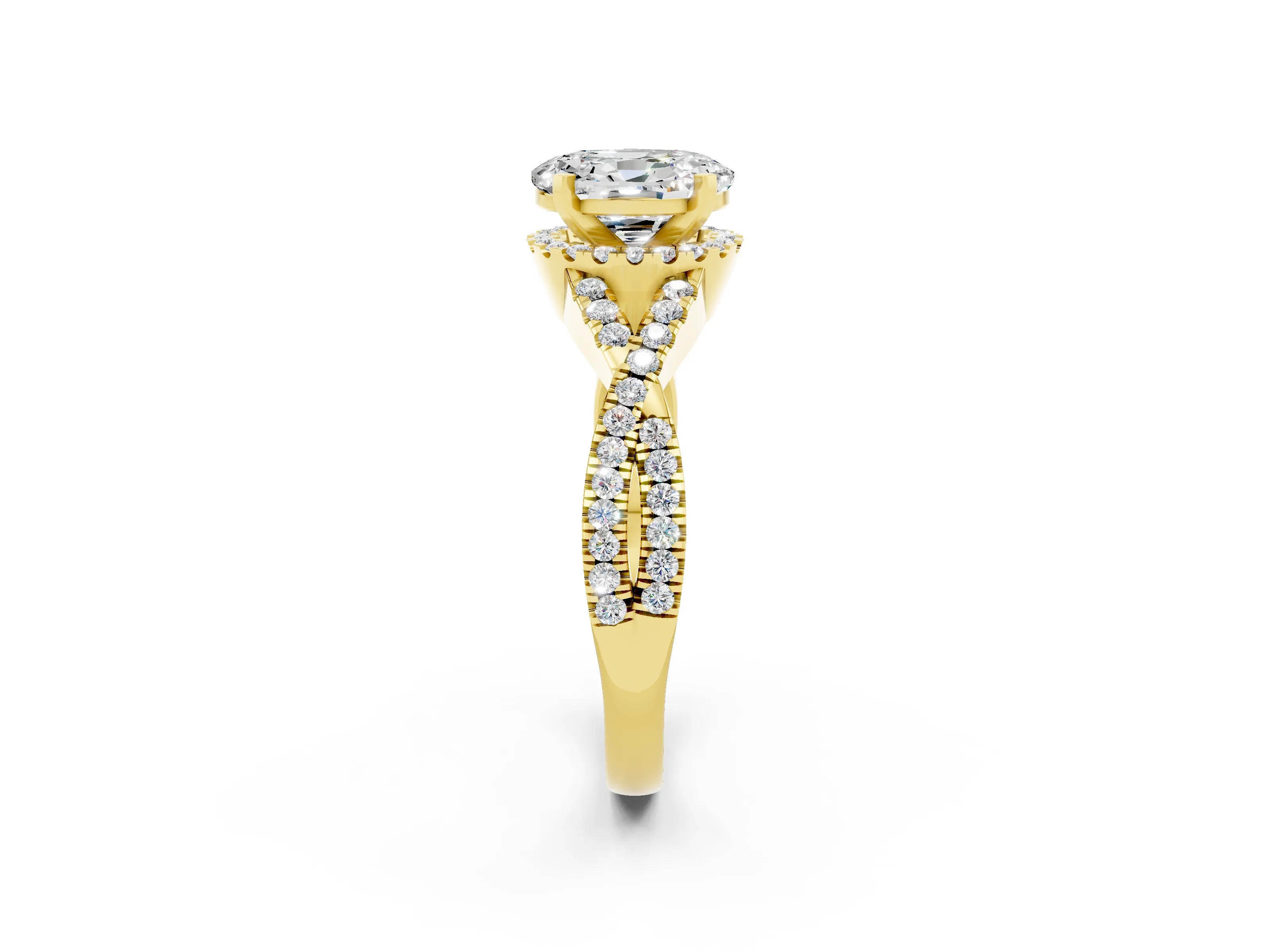 Yellow gold Oval Cut Moissanite Halo Twist Band Solitaire Prong Setting Ring_2