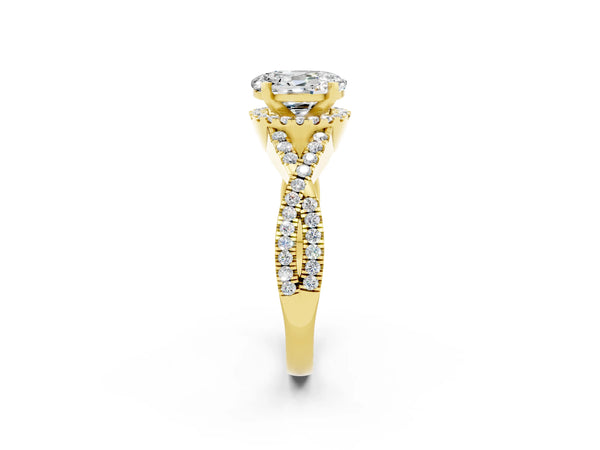 Yellow gold Oval Cut Moissanite  Halo Twist Band Solitaire Prong Setting Ring