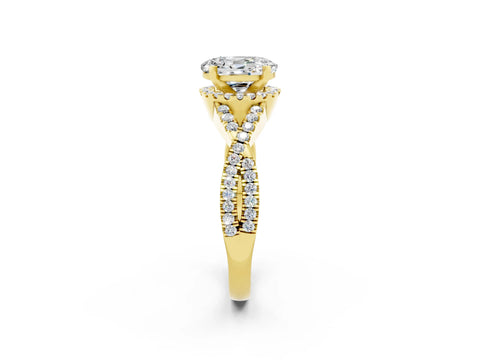 Yellow gold Oval Cut Moissanite Halo Twist Band Solitaire Prong Setting Ring_2