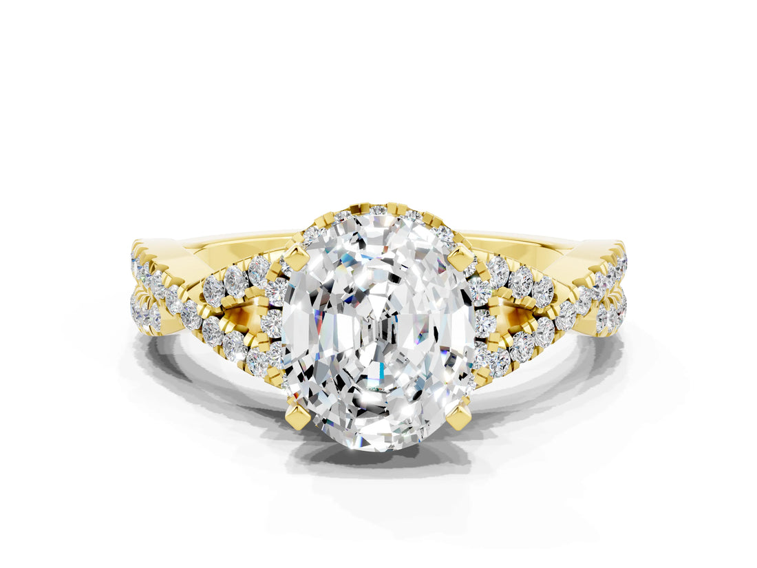 Yellow gold Oval Cut Moissanite  Halo Twist Band Solitaire Prong Setting Ring_42