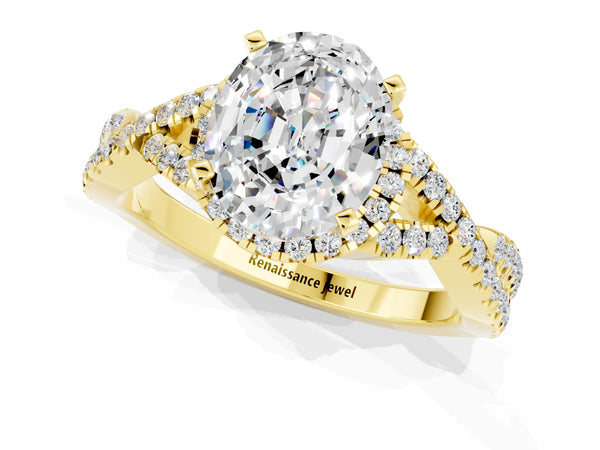 Yellow gold Oval Cut Moissanite  Halo Twist Band Solitaire Prong Setting Ring