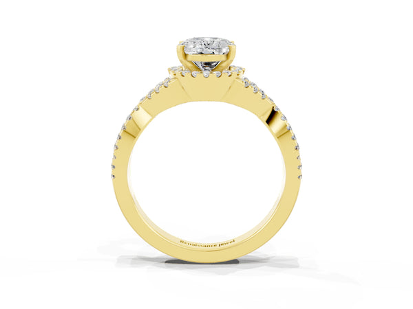 Yellow gold Oval Cut Moissanite  Halo Twist Band Solitaire Prong Setting Ring