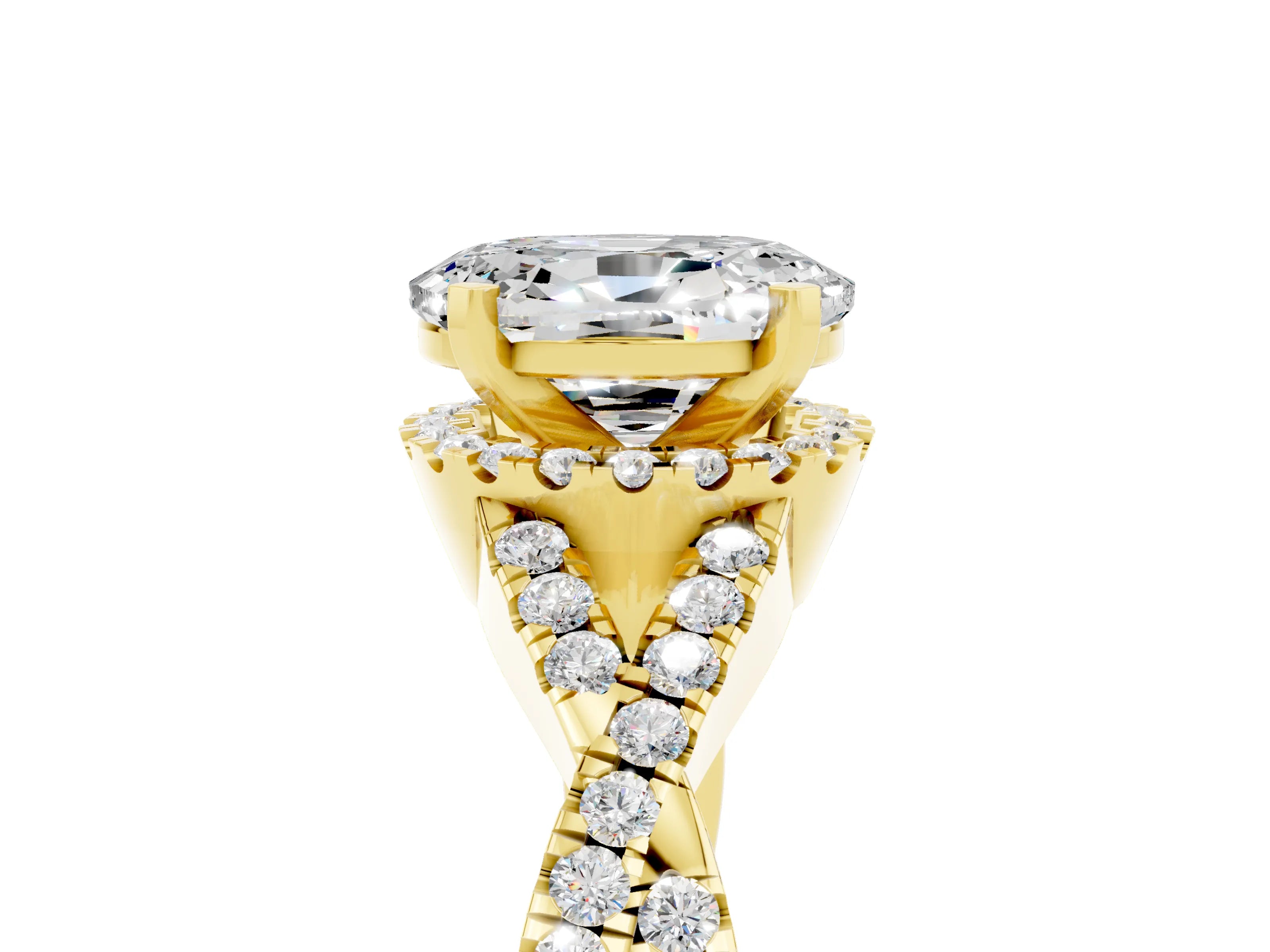 Yellow gold Oval Cut Moissanite Halo Twist Band Solitaire Prong Setting Ring_5