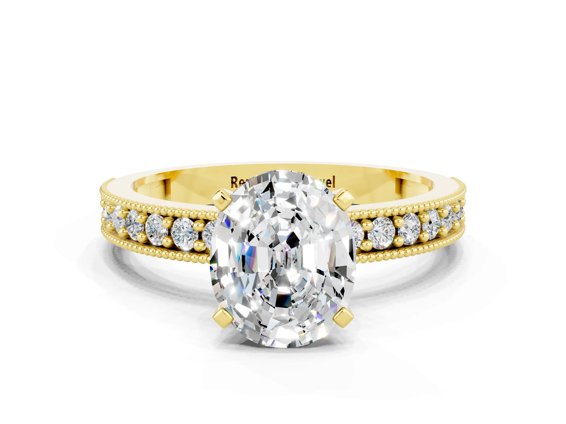 Yellow gold Oval Cut Moissanite Milgrain Pavé Engagement Ring with Four-Prong Setting_12
