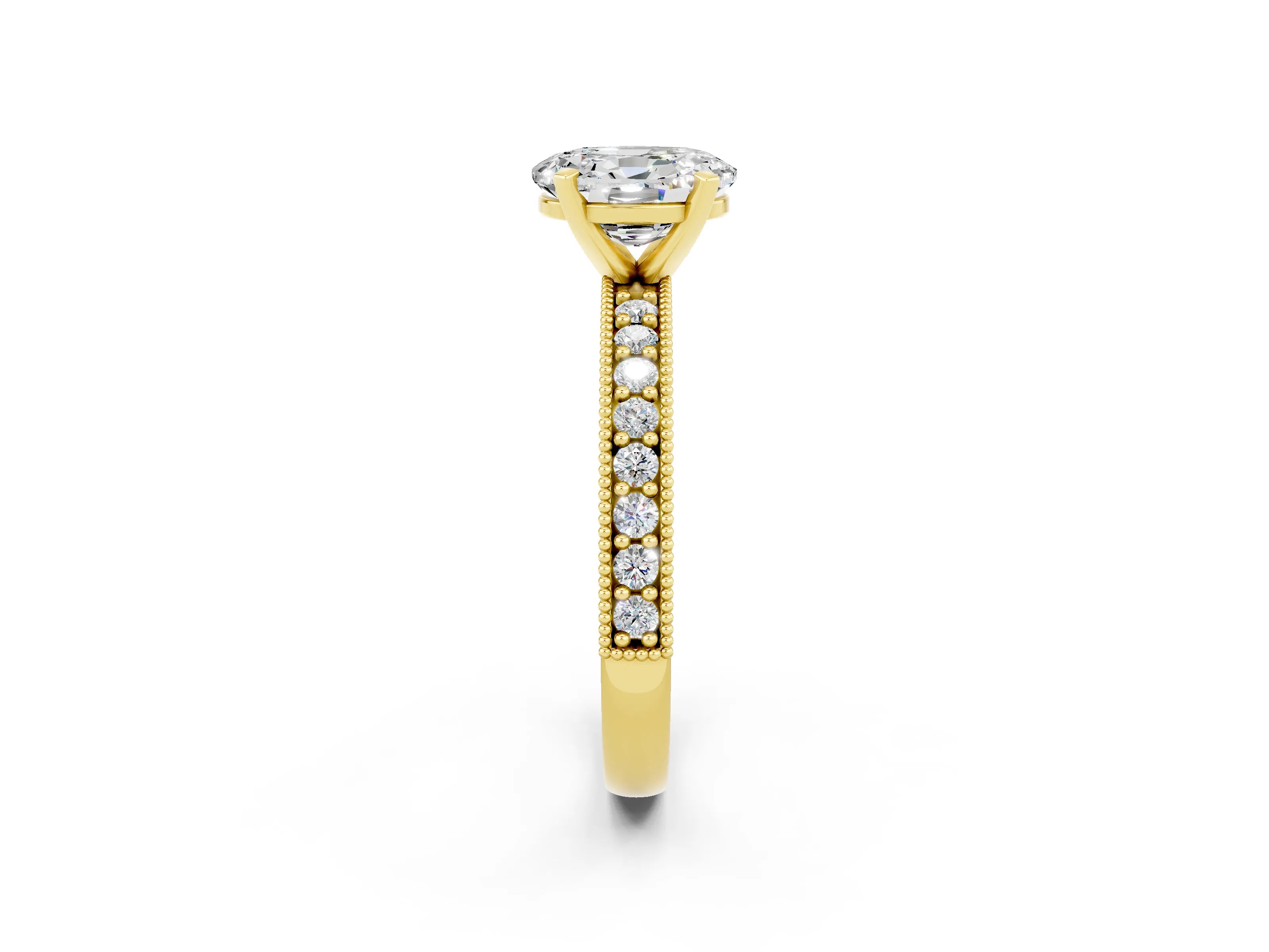 Yellow gold Oval Cut Moissanite Milgrain Pavé Engagement Ring with Four-Prong Setting_14