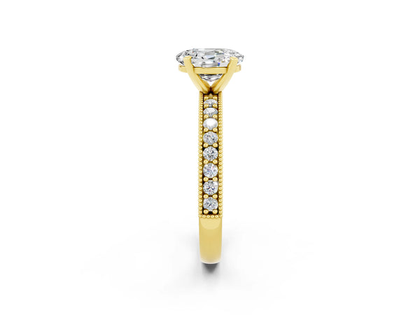 Yellow gold Oval Cut Moissanite Milgrain Pavé Engagement Ring with Four-Prong Setting
