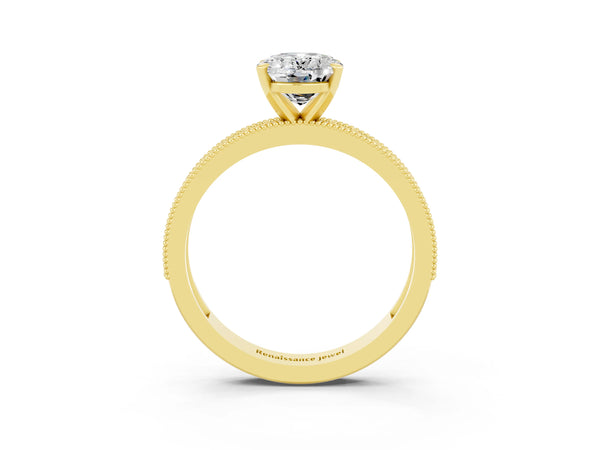 Yellow gold Oval Cut Moissanite Milgrain Pavé Engagement Ring with Four-Prong Setting