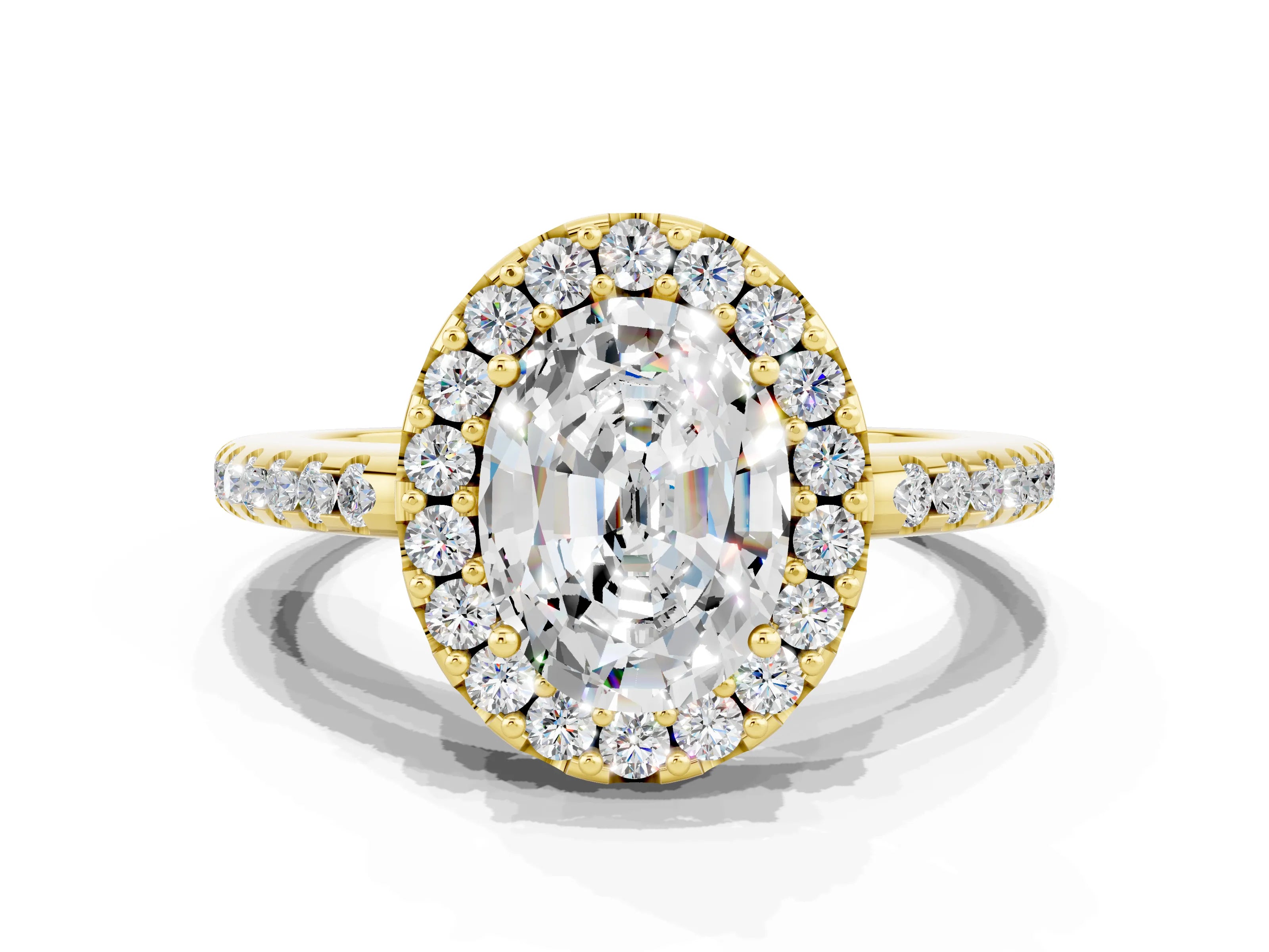 Yellow gold Oval Cut Moissanite Pavé Halo Ring with Four-Prong Setting_12