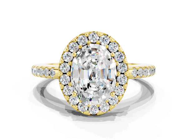 Yellow gold Oval Cut Moissanite Pavé Halo Ring with Four-Prong Setting