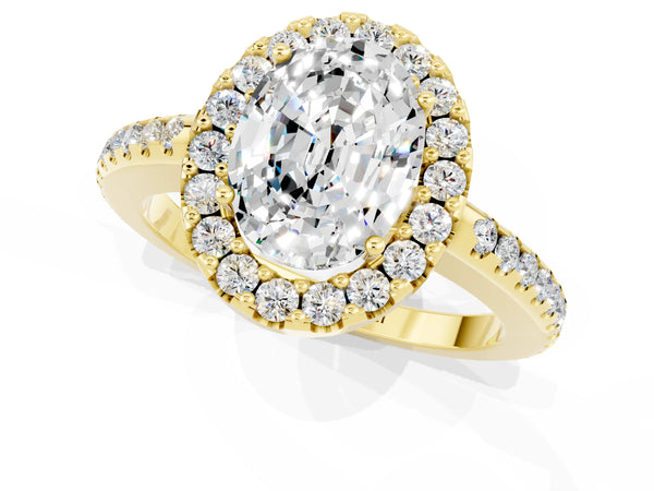 Yellow gold Oval Cut Moissanite Pavé Halo Ring with Four-Prong Setting