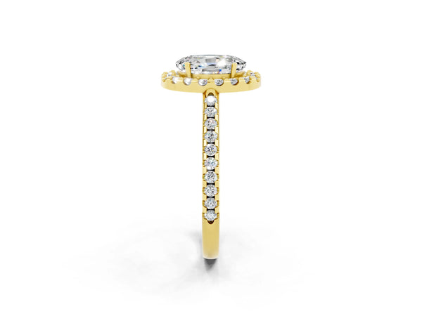 Yellow gold Oval Cut Moissanite Pavé Halo Ring with Four-Prong Setting