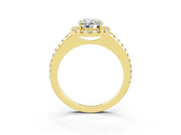 Yellow gold Oval Cut Moissanite Pavé Halo Ring with Four-Prong Setting