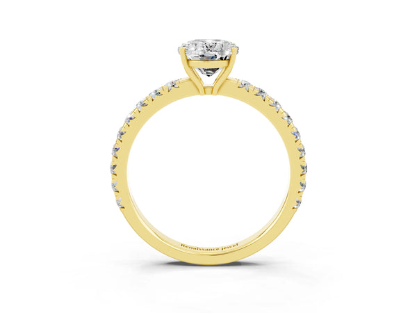 Yellow gold Oval Cut Moissanite Pavé Solitaire Engagement Ring with Four-Prong Setting