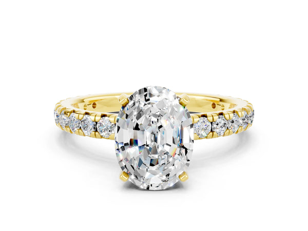 Yellow gold Oval Cut Moissanite Pavé Solitaire Ring with Round Band and Prong Setting