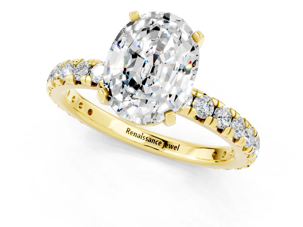 Yellow gold Oval Cut Moissanite Pavé Solitaire Ring with Round Band and Prong Setting