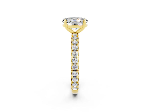 Yellow gold Oval Cut Moissanite Pavé Solitaire Ring with Round Band and Prong Setting