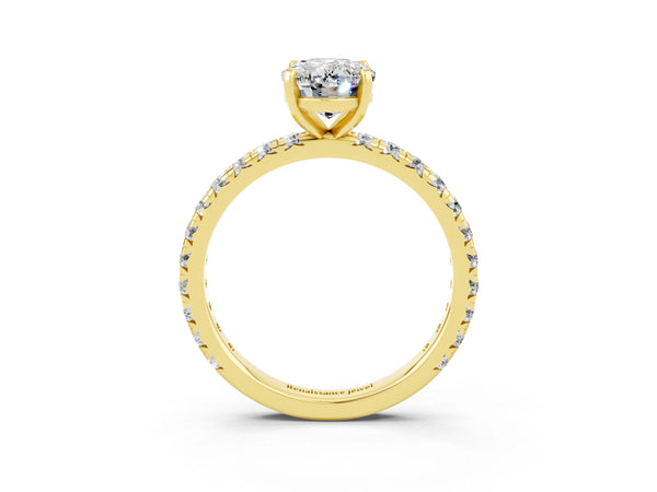 Yellow gold Oval Cut Moissanite Pavé Solitaire Ring with Round Band and Prong Setting