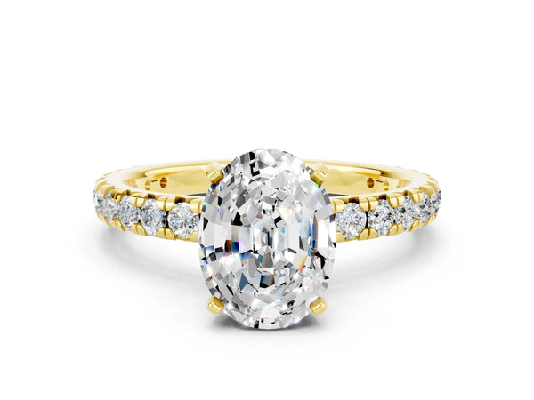 Yellow gold Oval Cut Moissanite Pavé Solitaire Ring with Round Band and Prong Setting