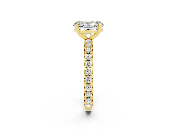 Yellow gold Oval Cut Moissanite Pavé Solitaire Ring with Round Band and Prong Setting
