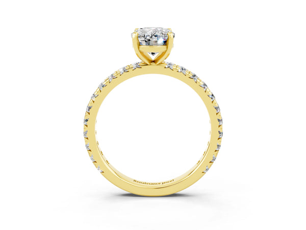 Yellow gold Oval Cut Moissanite Pavé Solitaire Ring with Round Band and Prong Setting