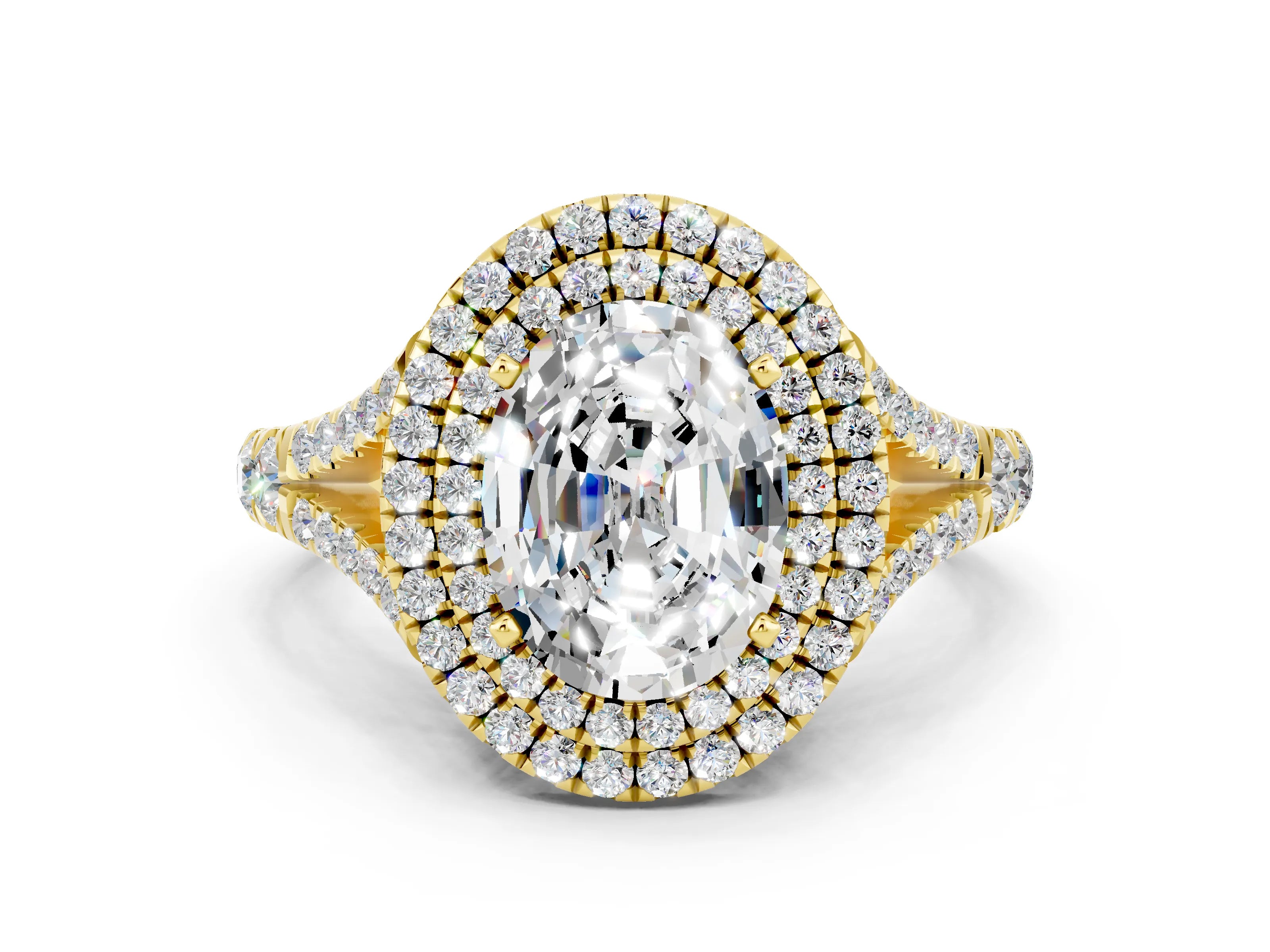 Yellow gold Oval Cut Moissanite Pavé Split Shank Double Halo Engagement Ring