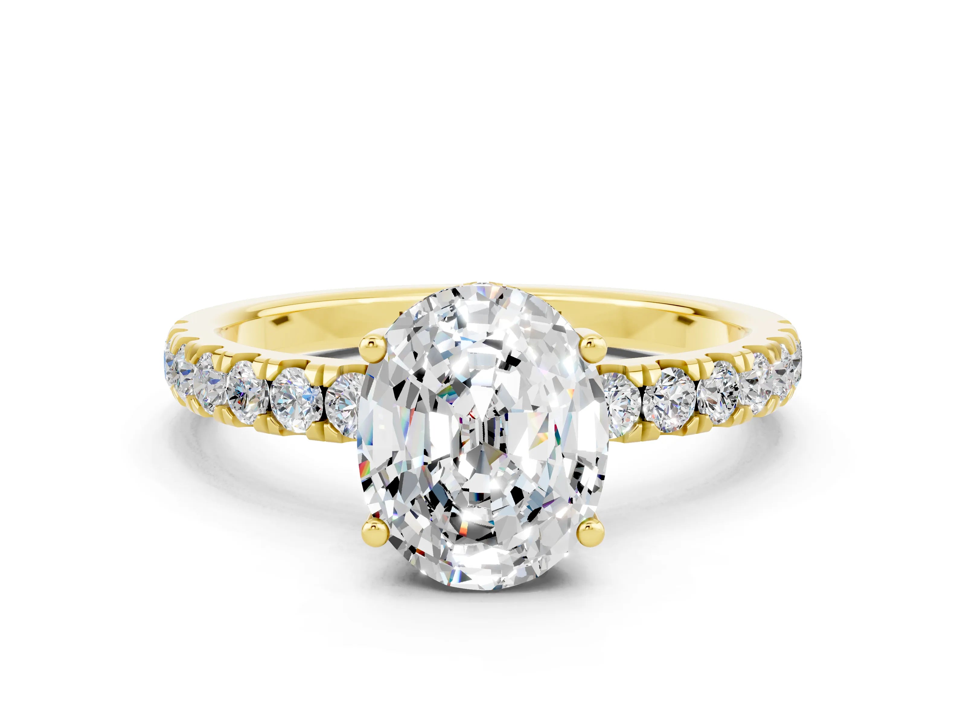 Yellow gold Oval Cut Moissanite Pave Band Solitaire Ring with Four-Prong Setting_24