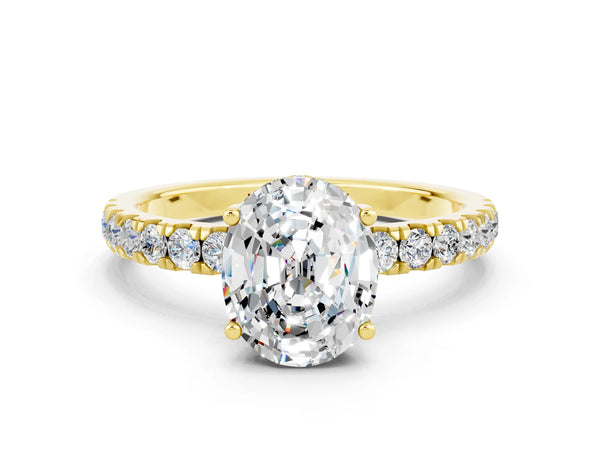 Yellow gold Oval Cut Moissanite Pave Band Solitaire Ring with Round  and Prong Setting