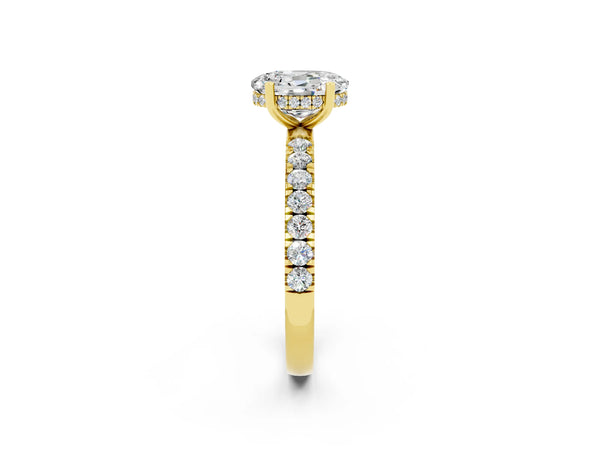 Yellow gold Oval Cut Moissanite Pave Band Solitaire Ring with Round  and Prong Setting
