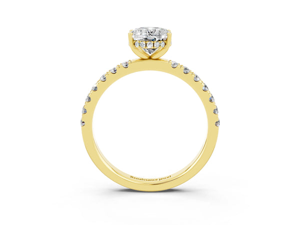 Yellow gold Oval Cut Moissanite Pave Band Solitaire Ring with Round  and Prong Setting