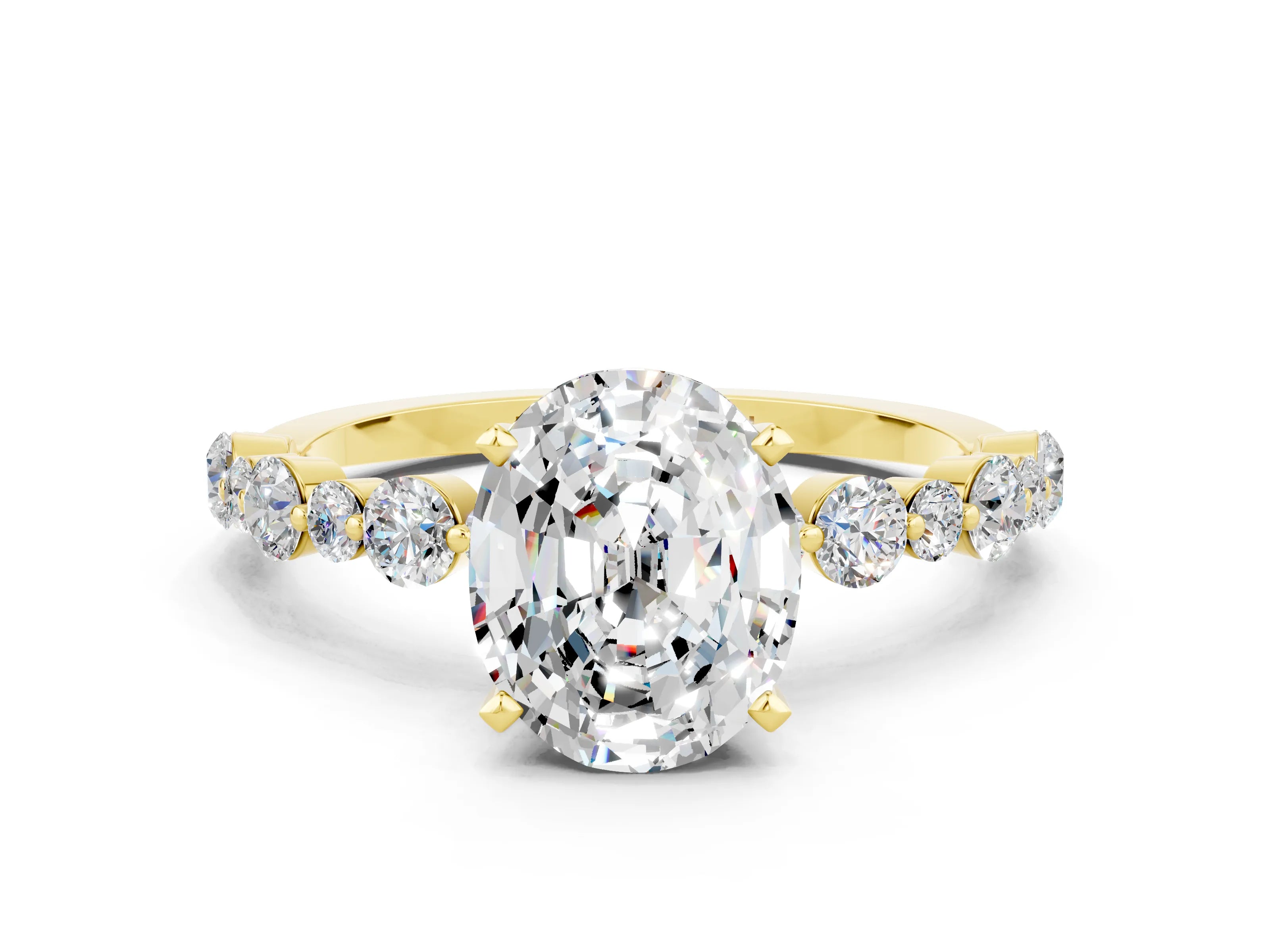 Yellow gold Oval Cut Moissanite Prong Set Engagement Ring with Pavé Band