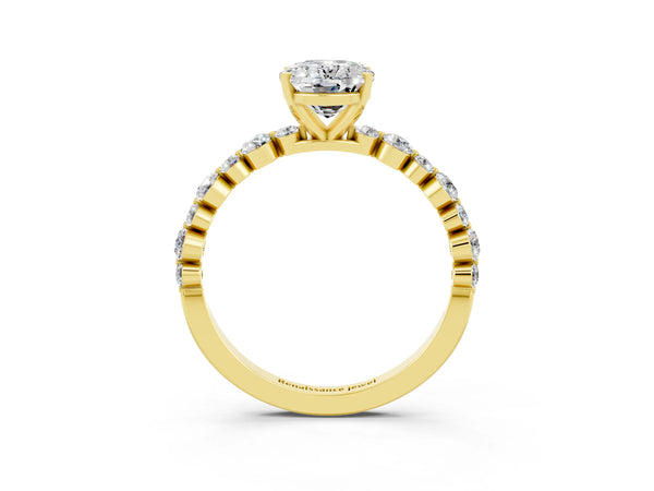 Yellow gold Oval Cut Moissanite Prong Set Engagement Ring with Pavé Band