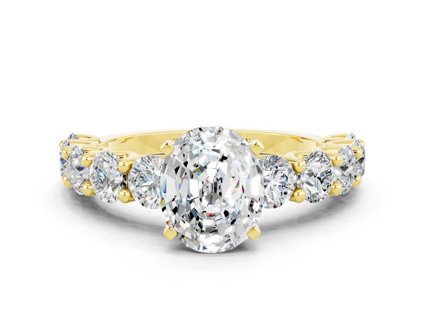 Yellow gold Oval Cut Moissanite Prong Setting with Side Stones on a Pave Band