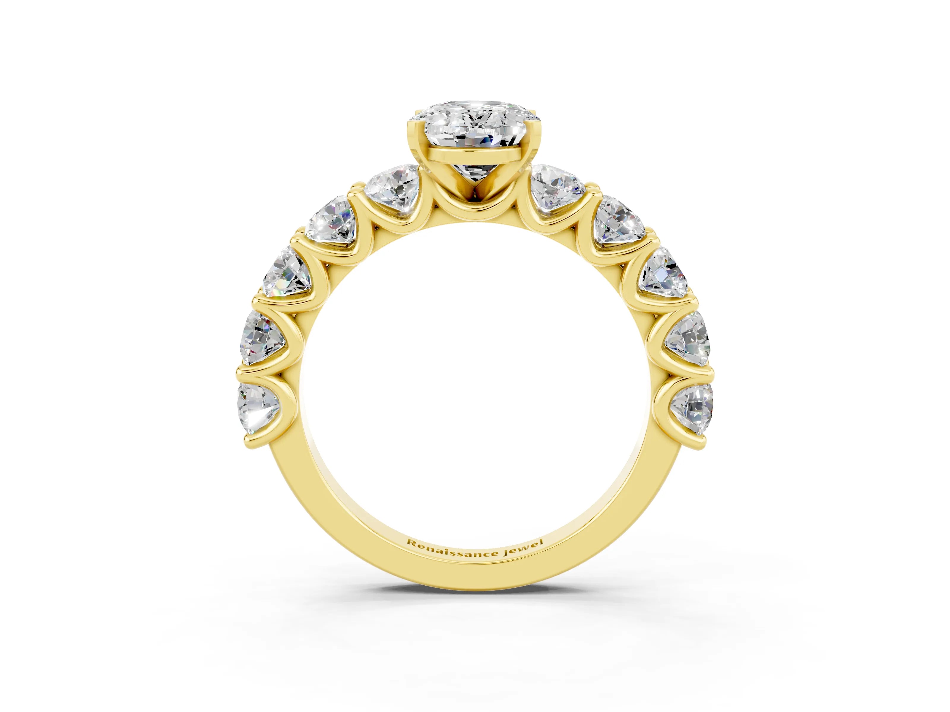 Yellow gold Oval Cut Moissanite Prong Setting with Side Stones on a Pave Band_3