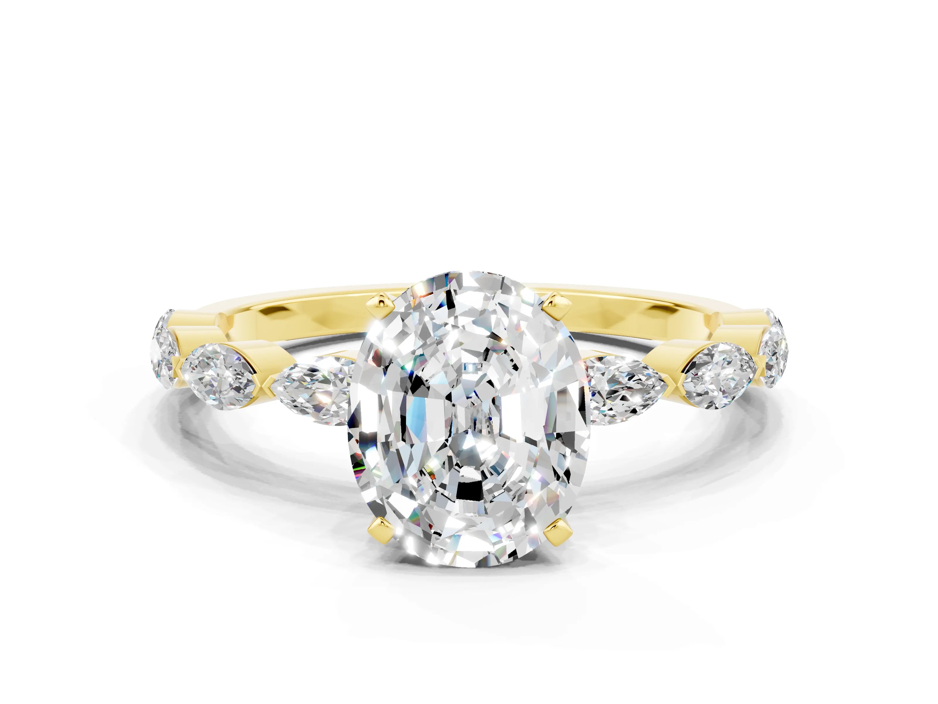 Yellow gold Oval Cut Moissanite Ring with Marquise Side Stones and Prong Setting