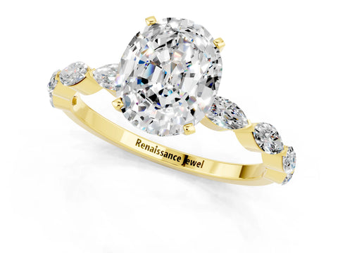 Yellow gold Oval Cut Moissanite Ring with Marquise Side Stones and Prong Setting_1
