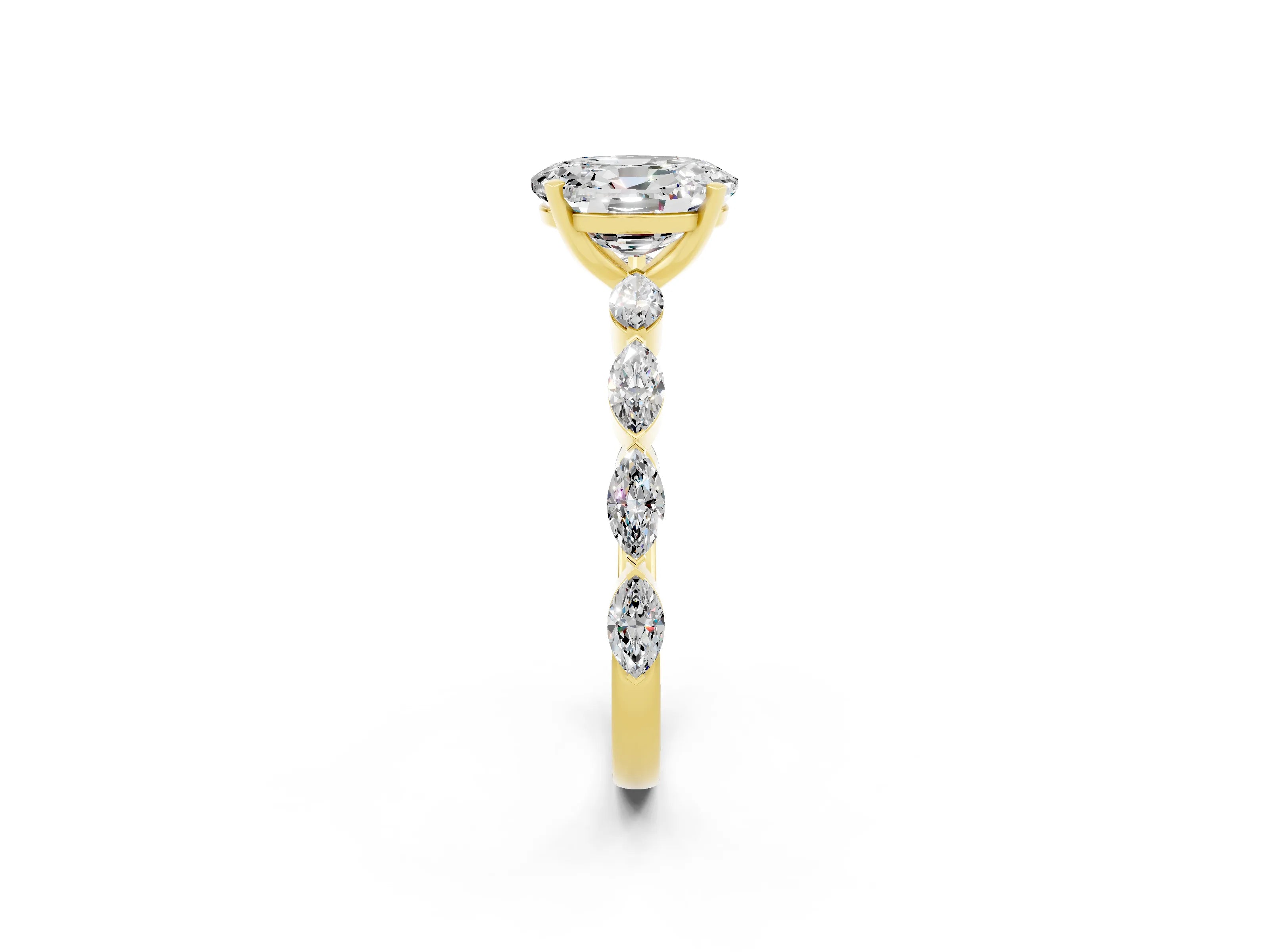 Yellow gold Oval Cut Moissanite Ring with Marquise Side Stones and Prong Setting_2
