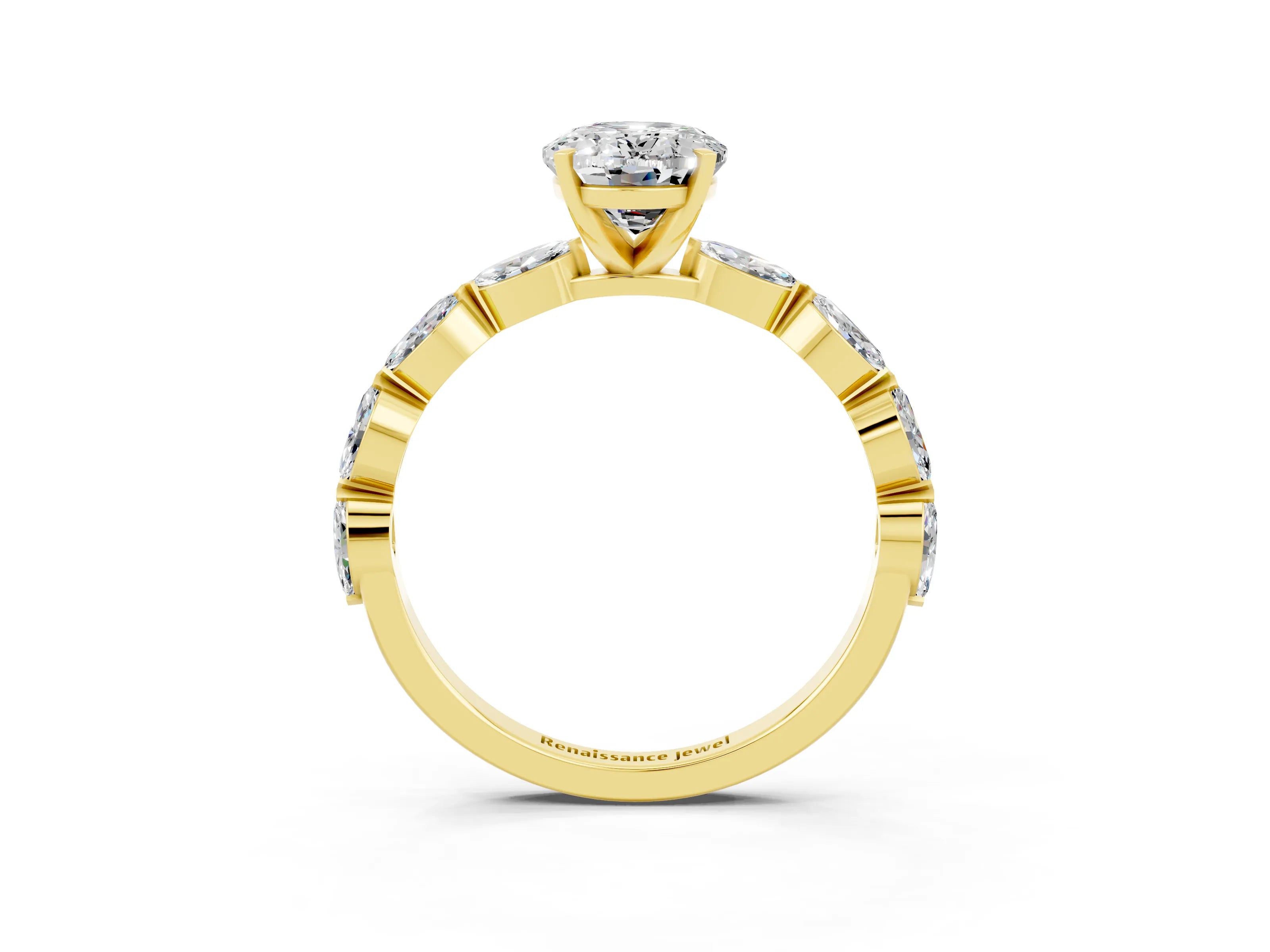 Yellow gold Oval Cut Moissanite Ring with Marquise Side Stones and Prong Setting_3
