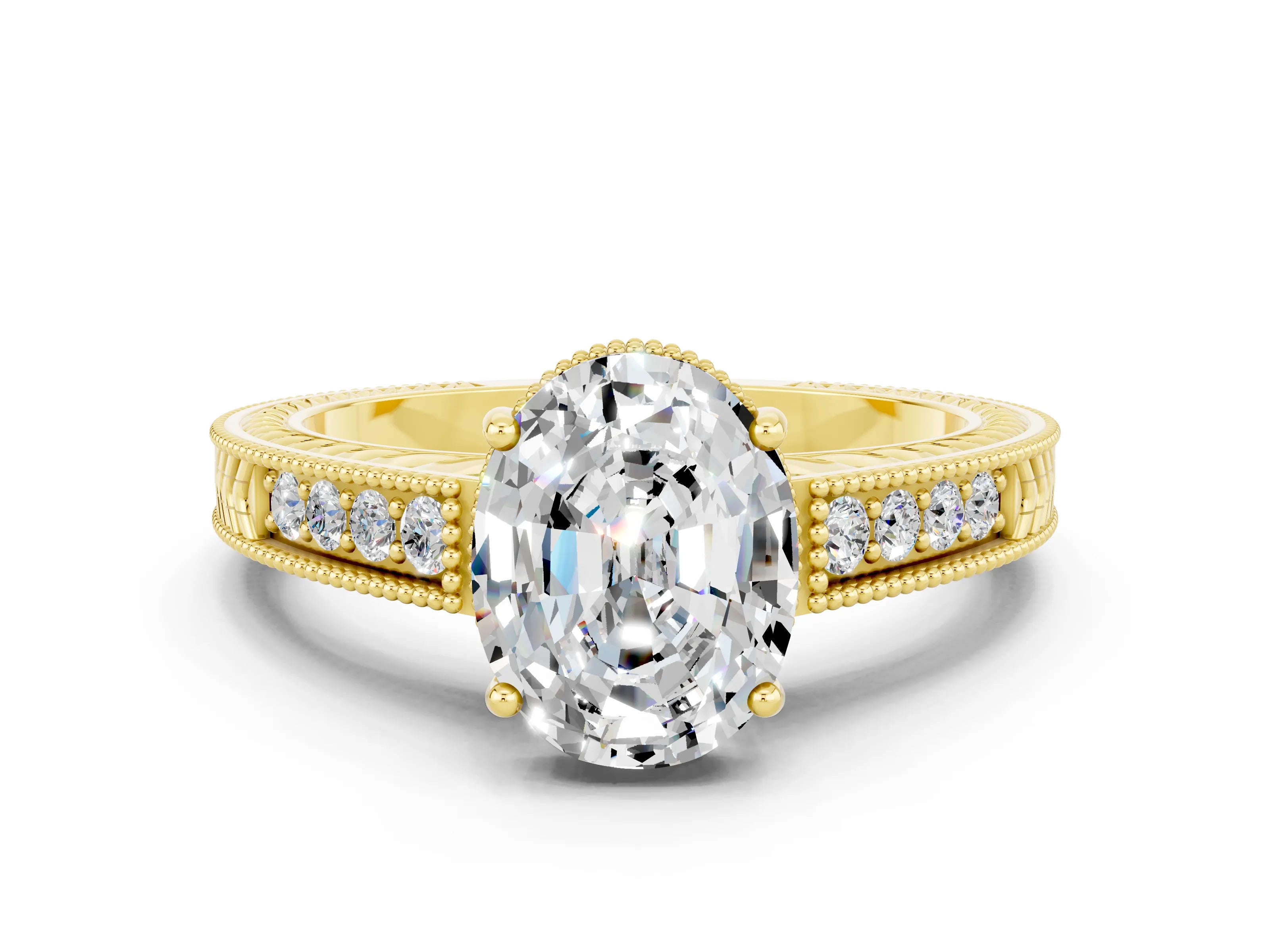 Yellow gold Oval Cut Moissanite Ring with Milgrain Pavé Band and Four-Prong Setting_12