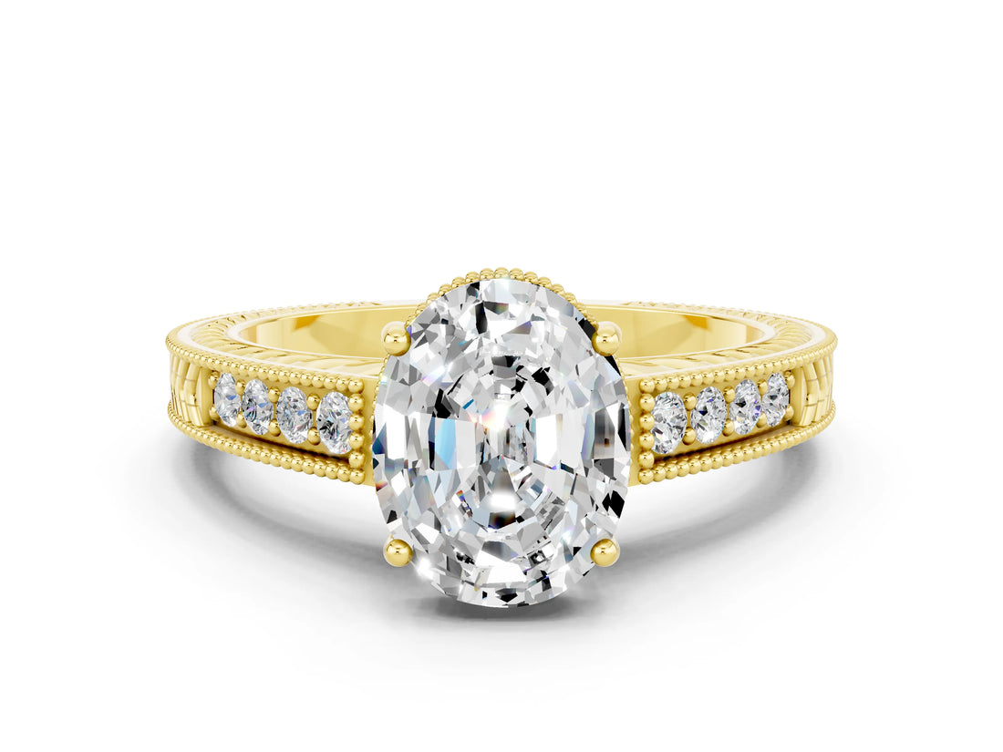 Yellow gold Oval Cut Moissanite Ring with Milgrain Pavé Band and Four-Prong Setting_12