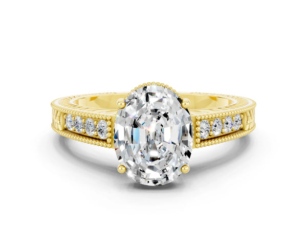 Yellow gold Oval Cut Moissanite Ring with Milgrain Pavé Band and Four-Prong Setting