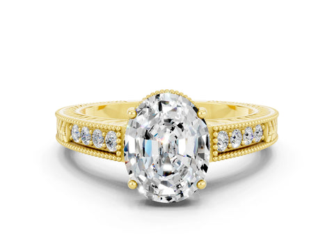 Yellow gold Oval Cut Moissanite Ring with Milgrain Pavé Band and Four-Prong Setting_12